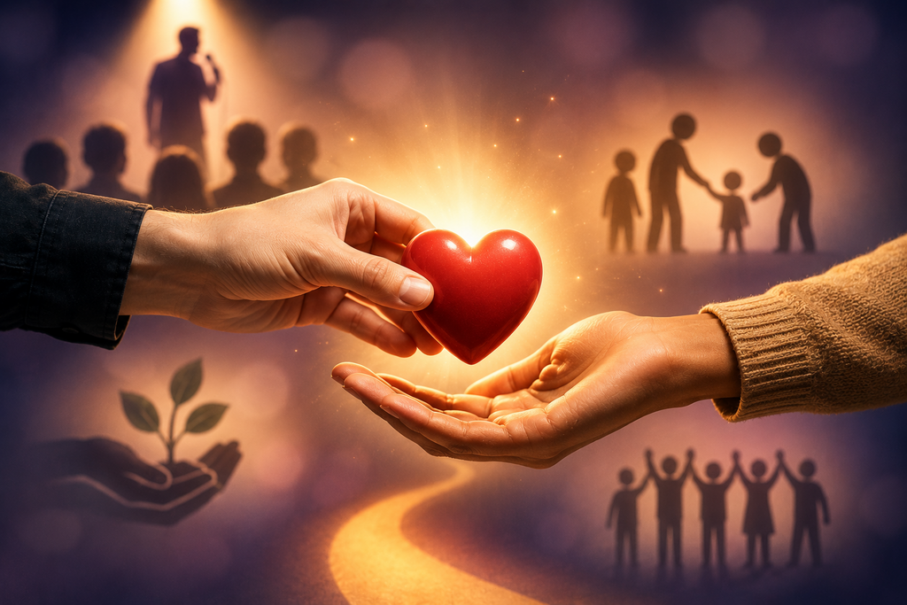 Hands passing a heart-shaped donation symbol with a softly blurred comedy stage and community scenes in the background, representing charitable giving, nonprofit support, and positive local impact.