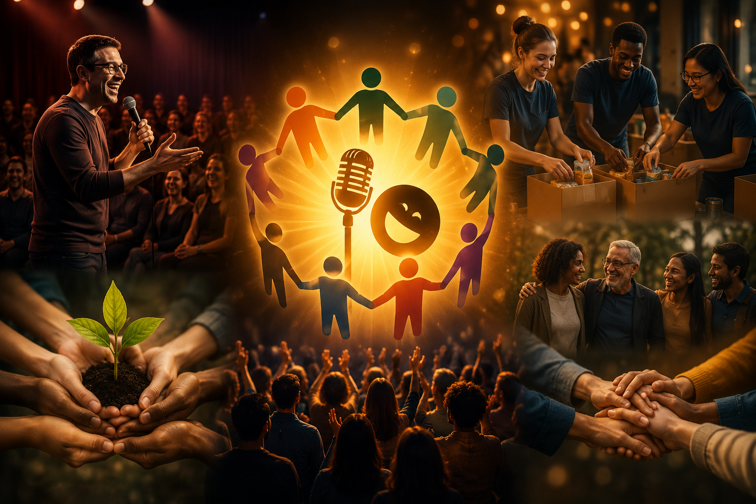 Collage of a live comedy performance, volunteers serving the community, diverse people connecting, hands planting a young tree, and supporters gathered together, illustrating how comedy brings people together to raise awareness, inspire generosity, and strengthen local communities.